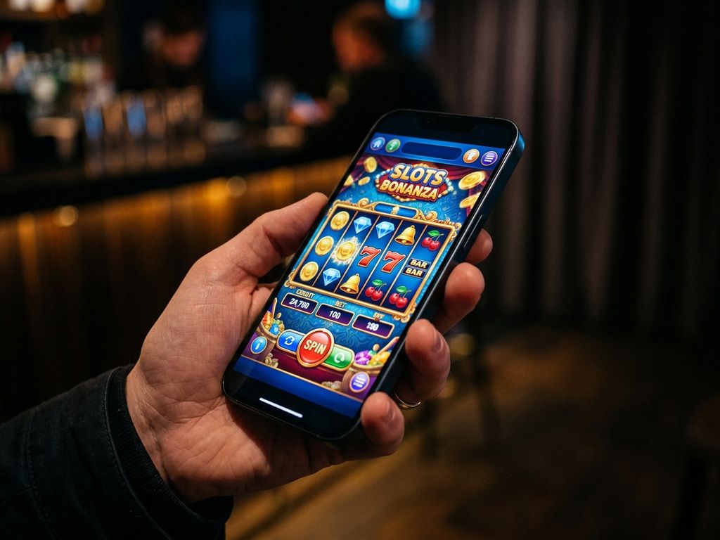 Smartphone showing colourful slot game on screen