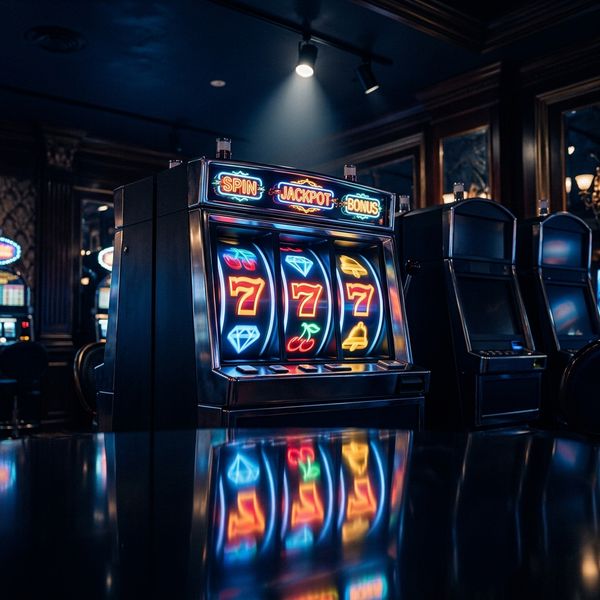 Glowing slot reels with neon symbols on dark backdrop