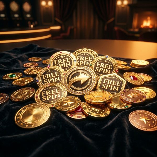 Golden bonus tokens scattered across dark velvet surface